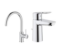 GROHE Robinet de cuisine évier Start, bec haut, rotation bec 360° chromé, 32168DC0 (Import Allemagne) & Mitigeur Lavabo Bauloop 23335000 (Import Allemagne), Chromé, Ancienne version