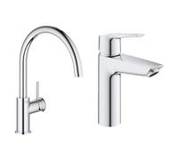 GROHE Robinet de cuisine évier Start, bec haut, rotation bec 360°, robinet installat & QUICKFIX Start Robinet de salle de bains lavabo, installation facile, mousseur économie d'eau, sans tirette