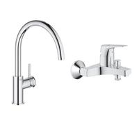 GROHE Robinet de cuisine évier Start, bec haut, rotation bec 360°, robinet & Mitigeur monocommande Bain Douche Start Flow, robinet à montage mural, raccord fileté pour flexible en 1/2"