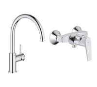 GROHE Robinet de cuisine évier Start, bec haut, rotation bec 360°, robinet & Mitigeur monocommande Douche Start Flow, robinet à montage mural, raccord fileté pour flexible en 1/2", rosaces