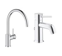 GROHE Robinet de cuisine évier Start, bec haut, rotation bec 360°, robinet & Robinet lavabo de salle de bains Start Classic, mitigeur monocommande avec tirette de vidage, mousseur