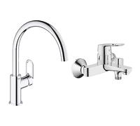 GROHE Robinet de cuisine évier Start Flow, bec en forme de U, pivotant à 360°, installation et nettoyage facile, Supersteel, 31555001 (Import Allemagne) & Mitigeur, Chromé, S