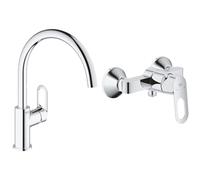 GROHE Robinet de cuisine évier Start Flow, bec en forme de U, pivotant à 360°, installation et nettoyage facile, Supersteel, 31555001 (Import Allemagne) & Mitigeur monocommande Douche BauLoop 23340000