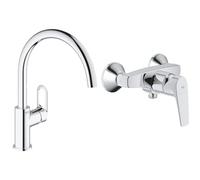 GROHE Robinet de cuisine évier Start Flow, bec en forme de U, pivotant à 360° & Mitigeur monocommande Douche Start Flow, robinet à montage mural, raccord fileté pour flexible en 1/2"