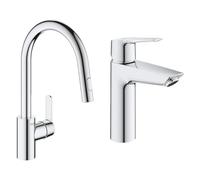 GROHE Robinet de Cuisine Get Avec Douchette Extractible et QUICKFIX Start Robinet de Salle de Bains Lavabo - Installation Facile, Mousseur Économie d'Eau, Sans Tirette