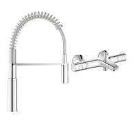 GROHE Robinet évier de cuisine Get, mitigeur monocommande 2 jets) & Mitigeur thermostatique Bain/Douche 1/2 Grohtherm 800 34569000, Argent
