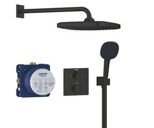 Grohe - Set de douche avec thermostat encastré, corps d’encastrement, 25x25 cm, 2 jets, noir mat 348822430
