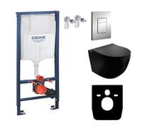 GROHE Solido WC Suspendu Mural Sans Rebord Noir + Siège Avec Système d'Abaissement Automatique - Kit Complet Encastré