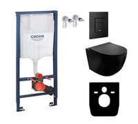 GROHE Solido + WC suspendu mural Sinto noir sans bord + abattant de WC avec système d'abaissement automatique - Bouton noir - Kit complet encastré - WC complet