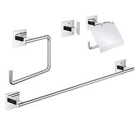 GROHE Start Cube Set d'Accessoires 4 en 1 (Patère Murale, Anneau Porte-Serviette, Dérouleur de Papier Mural et Barre Porte-Serviettes), A Coller avec GROHE QuickGlue ou à Visser, Chromé, 41115000