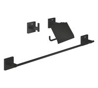 GROHE Start Cube, set de bain adhésif 3en1, sans perçage | Porte-serviette, patère & porte-papier toilette, à coller ou à visser, sans colle (noir mat, 411242430)