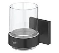 Grohe QuickFix Start Cube - Gobelet brosse à dent et dentifrice avec support, verre/noir mat 410972430