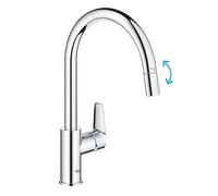 GROHE Start Edge QuickFix Mitigeur d'évier de cuisine à 1 levier avec fonction extractible (bec en C haut, zone pivotante à 360°, cartouche céramique 28 mm, queues 1/2", haute pression), taille 357 mm