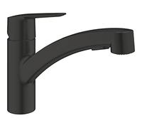GROHE Start, mitigeur évier, montage sous fenêtre, 2 jets, haute pression | Bec bas, robinet de cuisine, douchette extractible, orientable à 90°, montage sans outil (noir mat, 303072431)