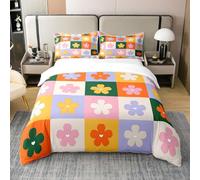 Groovy Fleur Coton Housse de Couette 240x260,60S Années 70 'S 80' S Enfants Literie Set Femmes Vintage Fleurs Graffiti Housse de Confort Colorful Plaid Patch Équipement de Lit 2 Taies d'oreiller