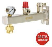 Groupe de sécurité IBO IGB, acier inoxydable, 3/4", pression de service de 2,5 à 6 bars, avec manomètre. Pression de fonctionnement du système de chauffage : 6 bars
