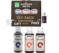 GROWMANIA Trypack Outdoor Biobizz + échantillon Boost Up Nutriments + Verre doseur | Engrais Bio Bloom, Top Max et Fish Mix pour plantes et cultures | Stimulation de la croissance