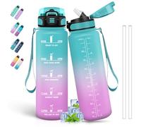 Grsta Gourde 1l, Gourde Sport, Gourd Graduée pour 1 Journee, Gourd Reutilisable avec Marqueur de Temps, Facile à Nettoyer, Gourdes Adulte anti Fuite, pour Camping, Randonnée, Yoga, Running, Vert-Rose
