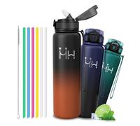 Grsta Gourde Isotherme - 1l - Gourde Sport- Gourdes Avec 6 Paille- Acier Inoxydable 18/8 - Bouteille Inox- Double Isolation- Thermos Isotherme, Bouteille d'eau pour Randonnée, Sport, Camping