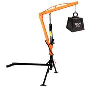 Grue de levage VEVOR avec attelage, capacité de charge de 453,6 kg. Inclut une pompe hydraulique de 8 tonnes, une grue de levage manuelle avec un pivot rotatif à 360°, et un accessoire de levage en ac