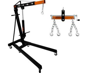 Grue motorisée 2 tonnes & stabilisateur de charge I Poutre d'appui avec équilibreur 900 kg I Crochet double à chaîne I Poignée de pompe hydraulique I Béquilles repliables I Support pour chariot élévat