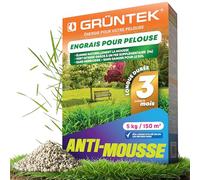 GRÜNTEK Engrais Gazon Anti-Mousse Été Automne Hiver NPK 15-5-24 - Engrais Pelouse Longue Durée 3 Mois, Protection Chaleur Sécheresse Gel - Engrais Universel Jardin Tomate Fraisier Rosier - 5 kg