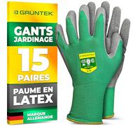 GRÜNTEK Gants de Travail Jardinage 15 PAIRES. Gants de Jardin Homme Femme Taille 9 enduits Latex. Gants de sécurité