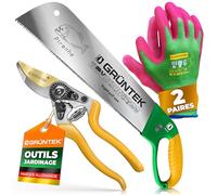 GRÜNTEK Idée Cadeau Jardin pour Jardinier Homme femme : Sécateur de jardin + Scie japonaise 520 mm avec 2 lames + 2 Paires de Gants Jardinage L/9 en Bambou. Kit Outils Jardinage