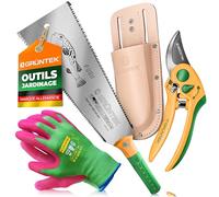 GRÜNTEK Idée Cadeau Jardinage Homme Femme Kit Outils de Jardin : Sécateur Cisailles de jardin + Scie Japonaise 300 mm + Étui en cuir + 1 Paire de gants L/9 en Bambou.