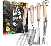 GRÜNTEK Kit Outils de Jardin Haut de Gamme. Ensemble avec Pelle de Jardin, Fourche, Estirpateur, Désherbeur Manuel en Acier Inoxydable. Manche en Bois de frêne.