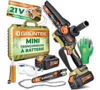 GRÜNTEK Mini Tronçonneuse à Batterie Sans Fil Brushless 21V Élagueuse Scie de Jardin Electrique avec 2 Batterie, 2 Chaînes. Kita avec accessoires de Jardin Gants et Lunettes