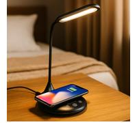Grundig Lampe de Bureau avec Chargeur sans Fil - Lampe LED Dimmable Tactile - Lampe de Chevet avec 3 Couleurs de Lumière - USB-C - Bras Flexible pour Éclairage Réglable