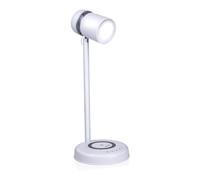 GRUNDIG Lampe de bureau LED 3 en 1 - Technologie Qi - Chargeur de téléphone portable sans fil - Haut-parleur Bluetooth - 4 pieds - Blanc