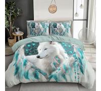 GSAEIMCT Attrape-Rêves Loup Blanc Housse De Couette 140X200Cm pour Enfant Garçon Fille avec 1 Taies D'Oreillers 65X65 Cm Bleu Et Blanc Animaux De Bohême Parure De Lit avec Fermeture Éclair