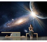 GSAEIMCT Papier Peint Soie Panoramique Terre Lune Galaxie Spirale Rétroéclairée 350X256Cm Or Bleu Brun Décoration Murale Tableaux Poster Muraux Chambre Enfant Salon Salle Cuisine Coucherr Motif