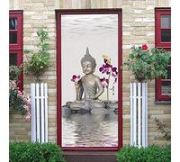 GSKBDQ 3D Autocollants De Porte Trompe l'oeil Fleurs d'art Bouddha Zen 77X200Cm Auto-Adhésif Stickers Porte Amovible Papier Peint Chambre Cuisine Salle De Bain Poster De Porte Stickers Muraux