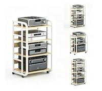 GSKFXJ Support Multimédia Audio Ouvert 3 4 5 Niveaux Étagère Multimédia Hauteur Réglabl, Armoire D'équipement Audio avec roulettes Meuble Audio-vidéo en Acier(Light Walnut,4-Tier(H90cm))
