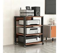 GSKFXJ Support Multimédia AV avec roulettes, Meuble Tourne Disque Vinyle Hauteur Réglable, Étagère Multimédia Mobile, Meuble Rangement pour Imprimante(Teak,4-Tier)