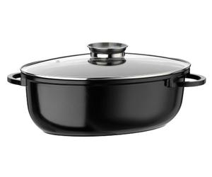 GSW 410571 Plat à rôtir à induction Gourmet Ceramica XL ovale avec couvercle en verre aromatique 38x25cm/env. 8,5 litres, fonte d'aluminium, moucheté noir, 38 cm, 4 unités