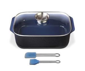 GSW 800419 Ceramica Bleu Cobalt Induction Plat à Rôtir Rectangulaire avec Couvercle Protection de l'Arôme en Verre 40 x 26 x 11 cm/Env. 8 L - avec Pinceau Set de 2 pièces