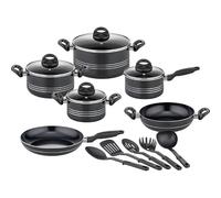 GSW Milano Nero Lot de 15 casseroles de qualité supérieure pour induction, céramique et gaz, revêtement antiadhésif, casseroles avec couvercle en verre et ustensiles de cuisine, casseroles et poêles