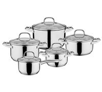 GSW Set de casseroles Trentino 10 pcs., acier inoxydable, verre, marmite à viande avec couvercle en verre ø env. 16 x H 9,5cm / ø env. 20 x H 11,5cm / ø env. 24 x H 13,5cm / poêle à frire avec couverc