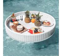 GTANND Plateau Flottant Rond en rotin,Plateau Flottant de Piscine avec Trous pour Les Mains pour Un déplacement et Un Transport faciles, Plateau de Petit déjeuner Robuste et étanche,White-80CM
