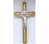 GTBITALY 10.299.95 croix de saint béni en bois d'olivier avec ligne noire 20 cm médaille inri rectangulaire noire boîte et prière 3 langues italien anglais espagnol