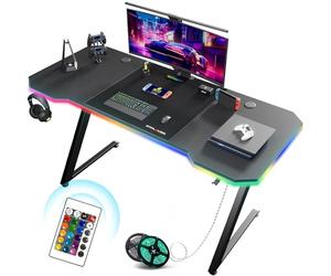 GTPLAYER Bureau Gaming 120 x 60 cm, Bureau Gamer avec LED, Table Gaming PC avec Tapis de Souris, Crochet pour Casque, Noir
