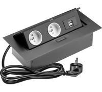 Multiprise de bureau, 2 x français, 2 x USB, câble d'alimentation, noir