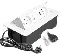 GTV Prise encastrable Multisoft blanche avec 2 prises de courant avec terre, USB C, RJ45, HDMI 2.0, escamotable avec couvercle, câble de 1,5 m, idéale pour la cuisine, le bureau ou la table de