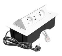 GTV Prise encastrable Multisoft blanche avec 2 prises de courant avec terre, USB C, RJ45, escamotable avec couvercle, câble de 1,5 m, pour cuisine, bureau, table de conférence et de travail