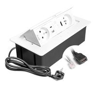 GTV Prise encastrable Multisoft blanche avec 2 prises de courant avec terre, USB C, RJ45, HDMI 2.0, escamotable avec couvercle, câble de 1,5 m, idéale pour la cuisine, le bureau ou la table de