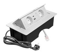 GTV Prise encastrable MULTISOFT blanche avec 2 prises Schuko, USB C, RJ45, escamotable avec couvercle, câble de 1,5 m, idéale pour le bureau, la table de conférence ou le plan de travail de cuisine